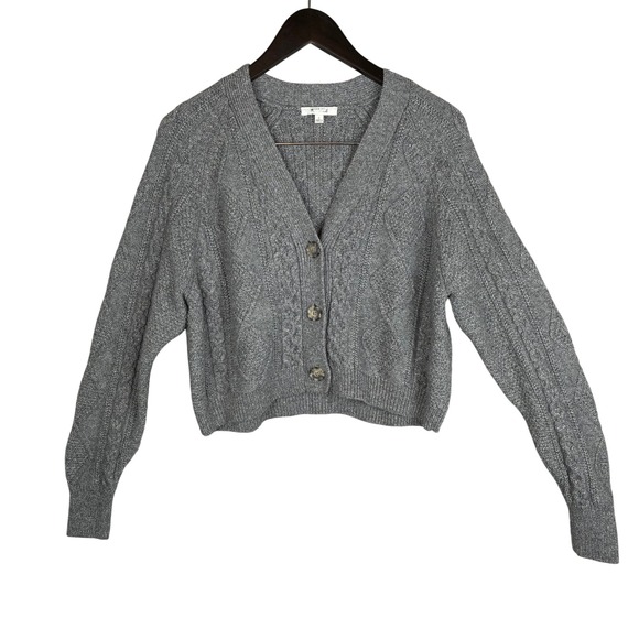 Madewell Cardigan S Cable Knit Cropped Wool Blend Gray Silver Fisherman Preppy - Picture 4 of 16